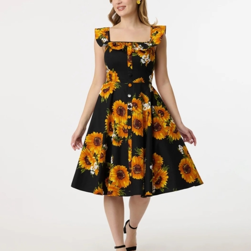 Unique Vintage Magnolia Place Sunflower Black Midi Dress
